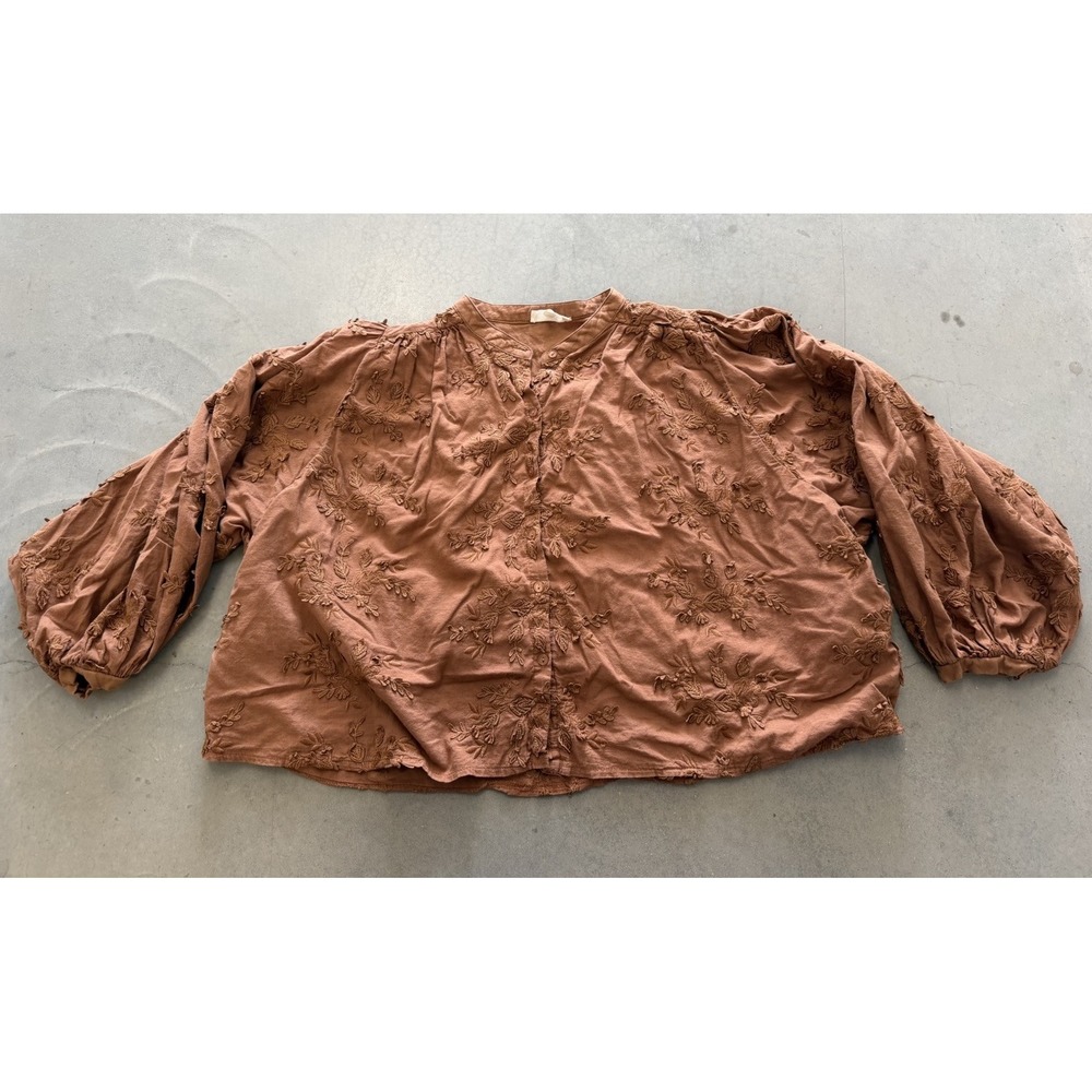 Entro Women's M Rust Brown Floral Embroidered Balloon Sleeve Boho Blouse